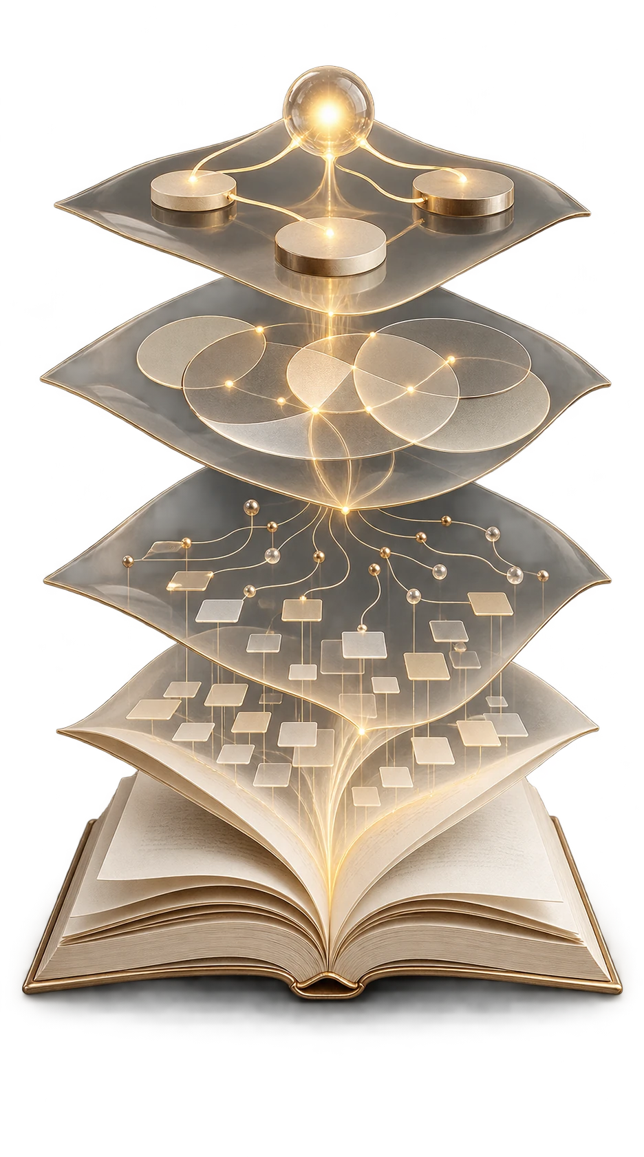 Knowledge rising from an open book through layers of computer logic, circuitry and connected concepts into a glowing AI orb